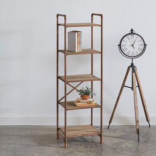 Industrial wood and metal shelf beside tripod clock