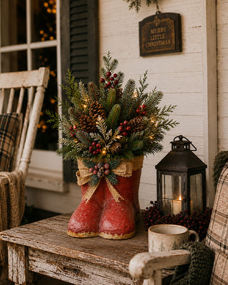 A rustic holiday centerpiece featuring a red boot-shaped planter filled with pine branches, pinecones, red berries, and warm white string lights, styled on a weathered wooden table next to a black lantern and a mug on a porch.