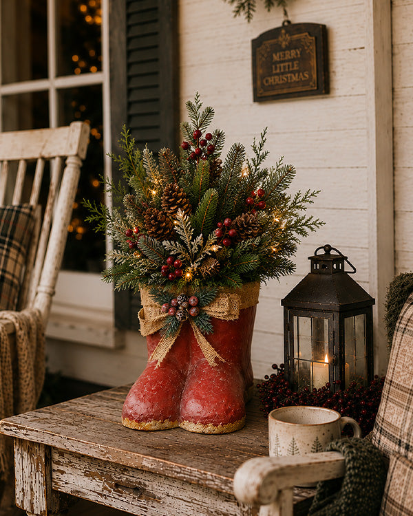 A rustic holiday centerpiece featuring a red boot-shaped planter filled with pine branches, pinecones, red berries, and warm white string lights, styled on a weathered wooden table next to a black lantern and a mug on a porch.