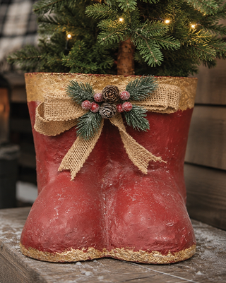 Distressed Red and Gold Metal Santa Boot Pair 7.5 Inch Decor