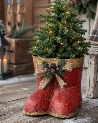 Distressed Red and Gold Metal Santa Boot Pair 7.5 Inch Decor