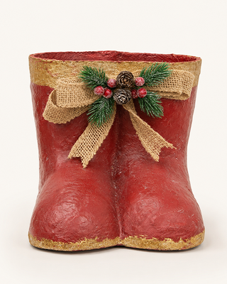 Distressed Red and Gold Metal Santa Boot Pair 7.5 Inch Decor