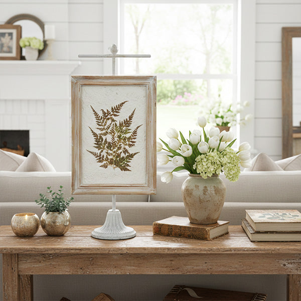 Framed pressed fern tabletop decor with rustic stand