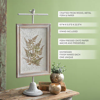Rustic pressed fern decor on modern farmhouse mantel