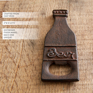 Rustic distressed cast iron beer bottle opener showing crafted details and dimensions