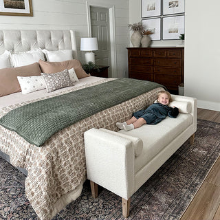 56 Inch Modern Boucle Accent Bench with Round Pillows Decor Steals