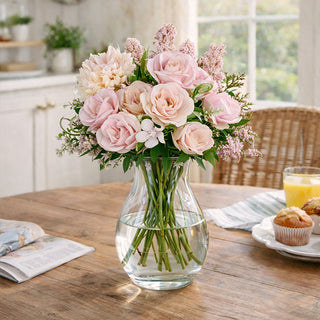 Faux pink rose heather and mum bouquet in glass vase on wooden kitchen table with muffins and orange juice