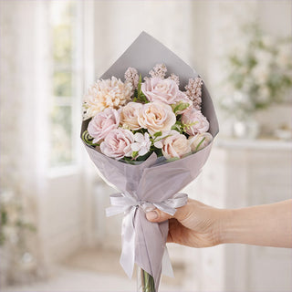 Hand holding faux floral bouquet with pink roses mum and heather in soft home interior setting