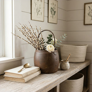 Rustic metal bucket with florals on farmhouse shelf