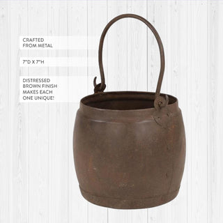 Distressed brown metal bucket with handle home decor