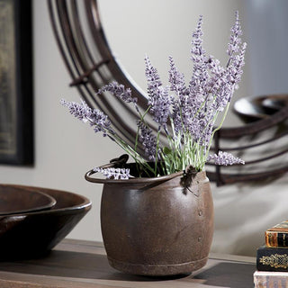 Vintage metal bucket vase with lavender stems