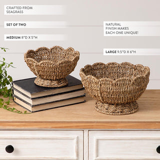  Handcrafted seagrass bowls with scalloped edges showing medium 8 inch and large 9.5 inch sizes on white dresser