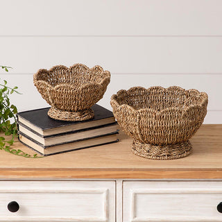 Two-piece seagrass bowl set with elevated pedestal bases natural organic home accent decor