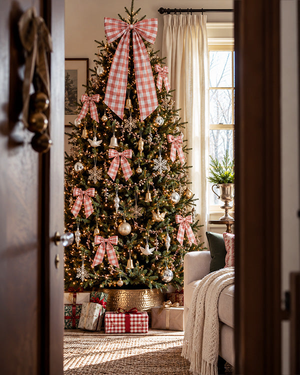Gingham Christmas Bow Tree Topper or Tree Clips Set of 6 Choose Your Style