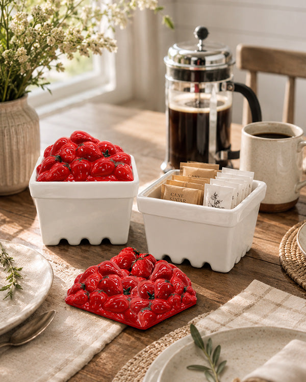 Strawberry Berry Basket Porcelain Box with Lid, Set of 2