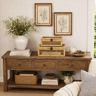Natural rattan storage boxes with glass lids styled on rustic wood console table with botanical wall art