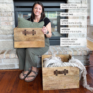 Mango wood storage boxes with leather handles set