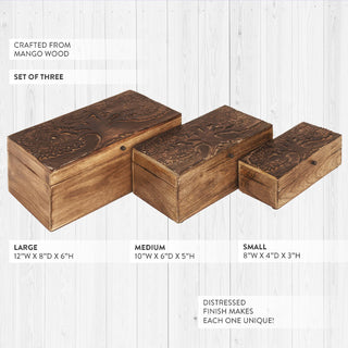 Hand Carved Mango Wood Storage Boxes, Set of 3
