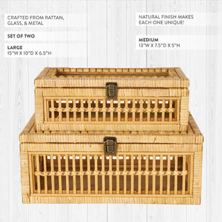 Set of two woven rattan boxes with vertical slat design and metal clasp closures side view