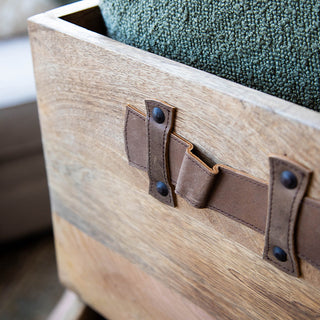 Close-up leather handle on mango wood storage box