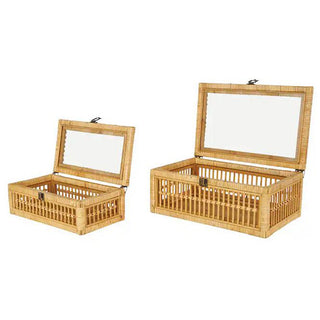  Open rattan storage boxes showing glass hinged lids and woven basket interior on white background