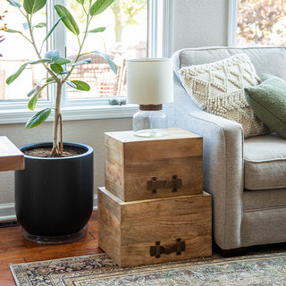 Stackable wooden storage boxes beside sofa and plant