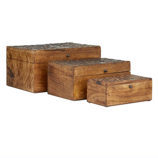 Hand Carved Mango Wood Storage Boxes, Set of 3
