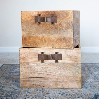 Set of two mango wood storage boxes front view