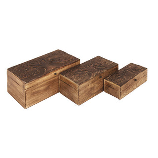 Hand Carved Mango Wood Storage Boxes, Set of 3