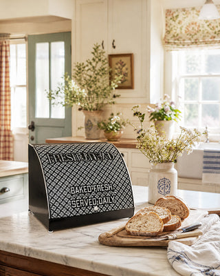 Black Metal Bread Box with White Embossed Vintage Lettering and Hinged Lid