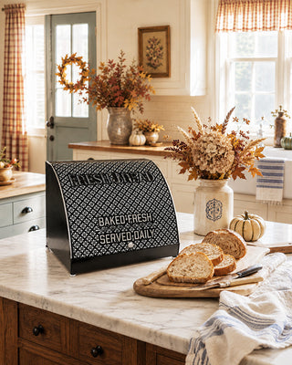Black Metal Bread Box with White Embossed Vintage Lettering and Hinged Lid