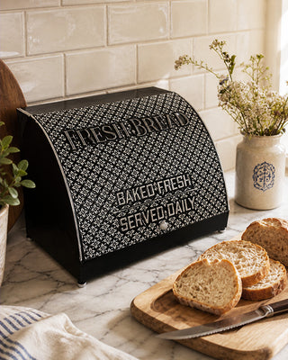 Black Metal Bread Box with White Embossed Vintage Lettering and Hinged Lid