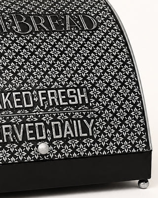 Black Metal Bread Box with White Embossed Vintage Lettering and Hinged Lid