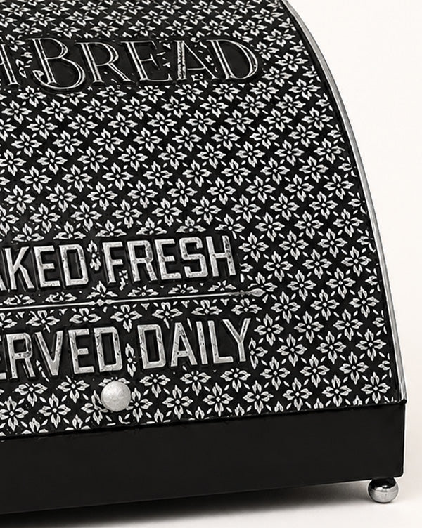 Black Metal Bread Box with White Embossed Vintage Lettering and Hinged Lid