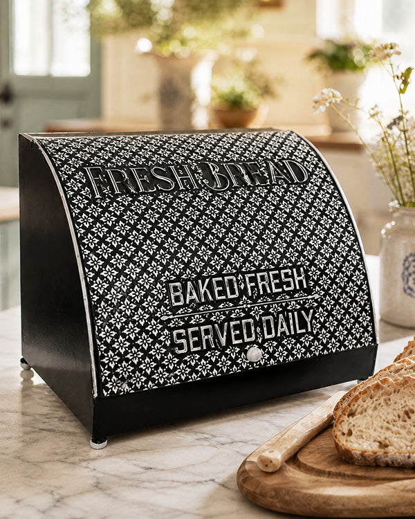 Black Metal Bread Box with White Embossed Vintage Lettering and Hinged Lid