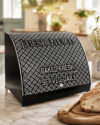 Black Metal Bread Box with White Embossed Vintage Lettering and Hinged Lid