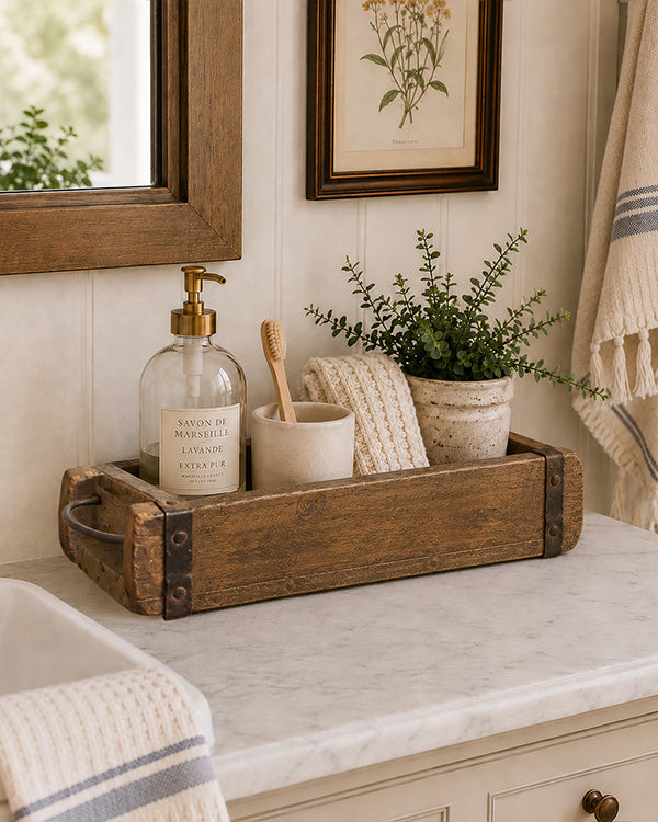 Wooden Brick Mold Box with Iron Handles Rustic Farmhouse Storage