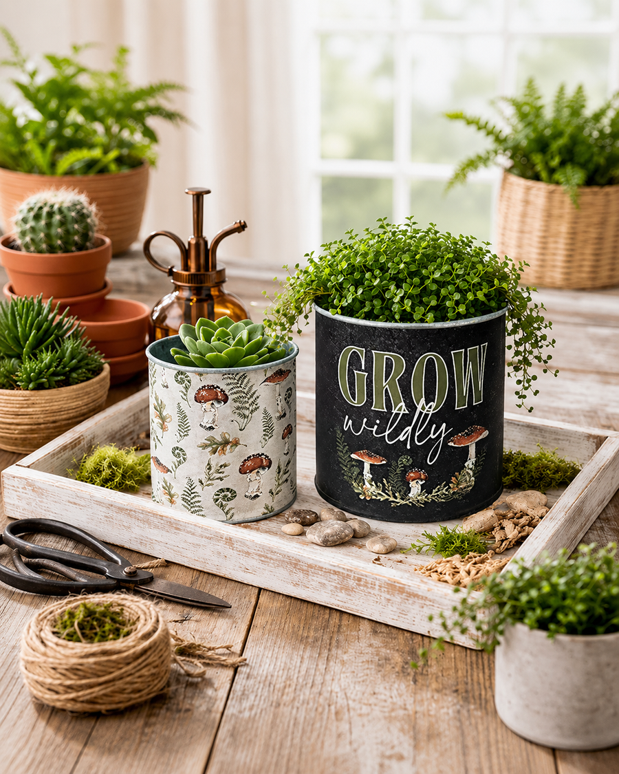 Mushroom Garden Metal Buckets, Set of 2 | Grow Wildly Planters