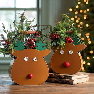 Rustic Reindeer Metal Bucket Planters with Handles, Set of Two