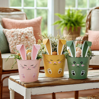 Easter bunny metal buckets pastel spring decor set
