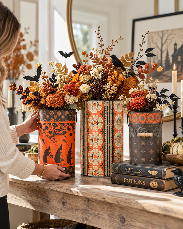 Folk-Print Metal Halloween Buckets, Set of 3