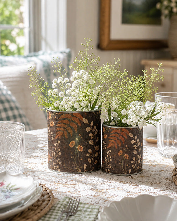 Timeless Flower and Fern Metal Buckets with Botanical Wrap, Set of 2