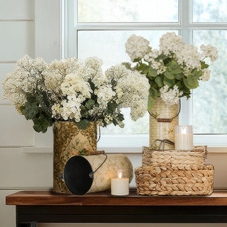 Vintage Floral & Damask Patterned Metal Buckets with Wood Handles, Set of 3