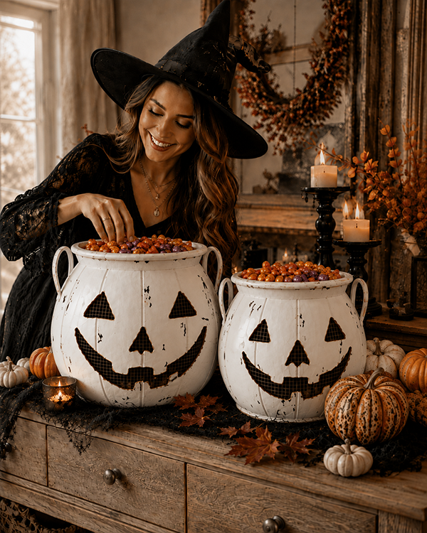 Distressed Jack-o-Lantern Candy Bucket with Lid, Set of Two