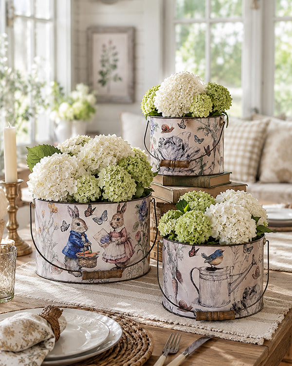Botanical Illustrated Metal Bucket Planters, Set of 3