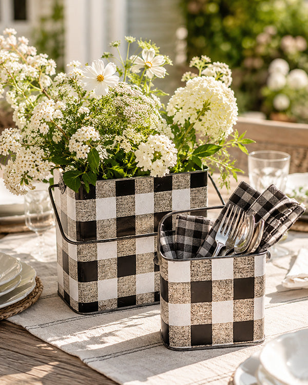 Nesting Metal Buffalo Check Buckets, Set of 2