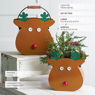 Rustic Reindeer Metal Bucket Planters with Handles, Set of Two