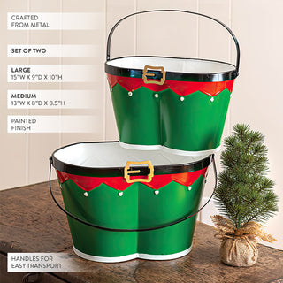 Santa elf belt metal buckets showing product dimensions large 15 inches wide by 9 inches deep by 10 inches tall and medium 13 inches wide by 8 inches deep by 8.5 inches tall with handles