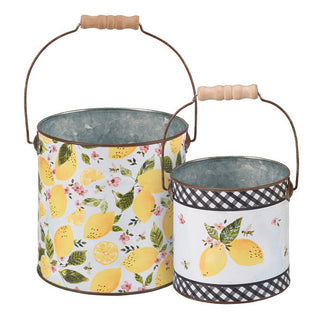 Large and small decorative metal buckets with hand-painted lemon pattern and gingham trim
