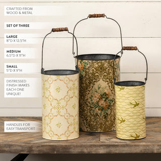 Vintage Floral & Damask Patterned Metal Buckets with Wood Handles, Set of 3
